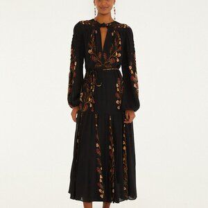 FARM Rio Black Berry Garden Long Sleeve Pleated Maxi Dress (Current Style!) NWOT